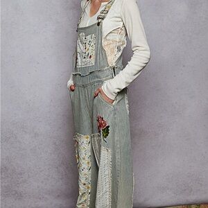 POL Women's Patchwork Denim Overalls with Floral Embroidery